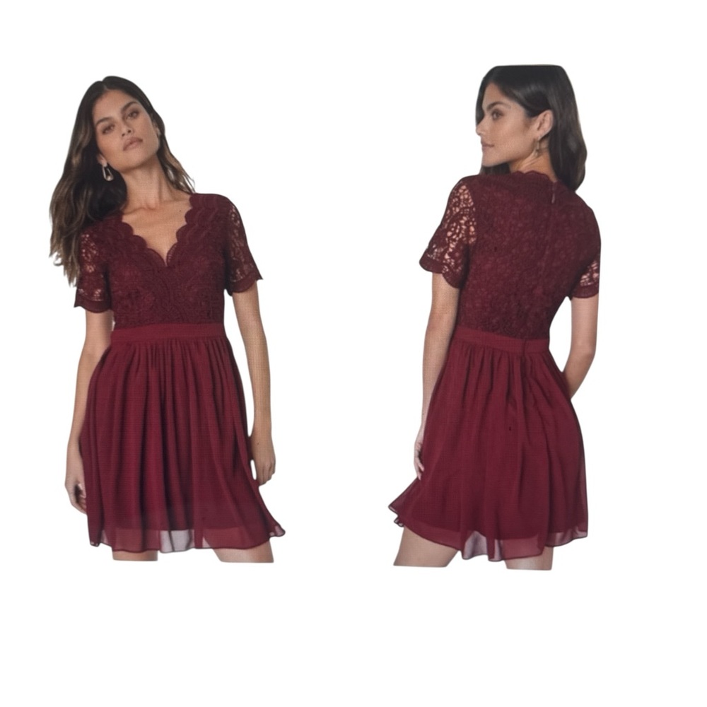 Lulus Dress Prom Lace Skater Style Sz XS Midi Deep VNeck Back Zip Closure Lined